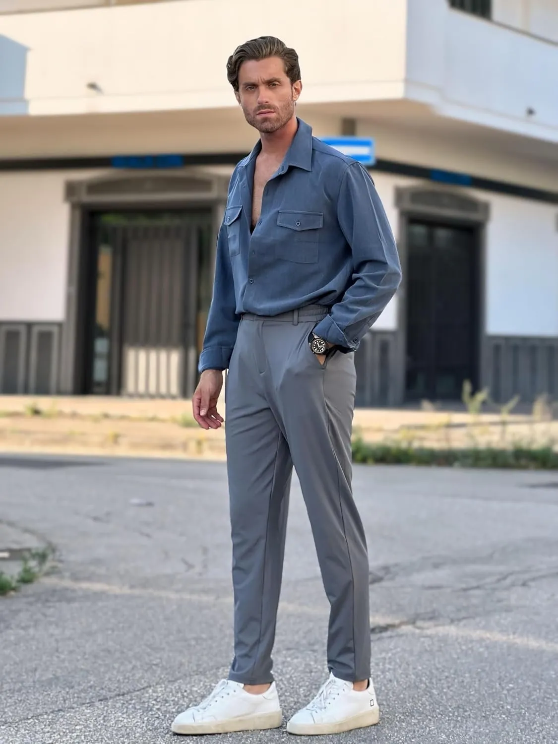 COOFANDY Men's Casual Button Down Shirt Long Sleeve Untucked Shirt Stretch Denim Dress Shirt with Pockets