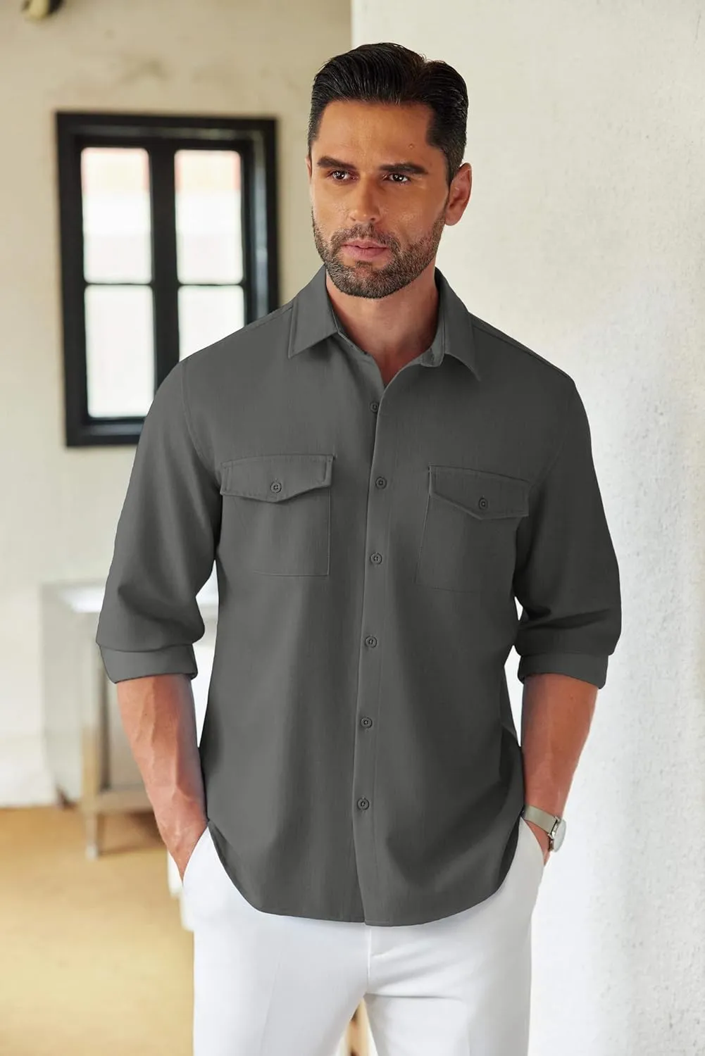 COOFANDY Men's Casual Button Down Shirt Long Sleeve Untucked Shirt Stretch Denim Dress Shirt with Pockets