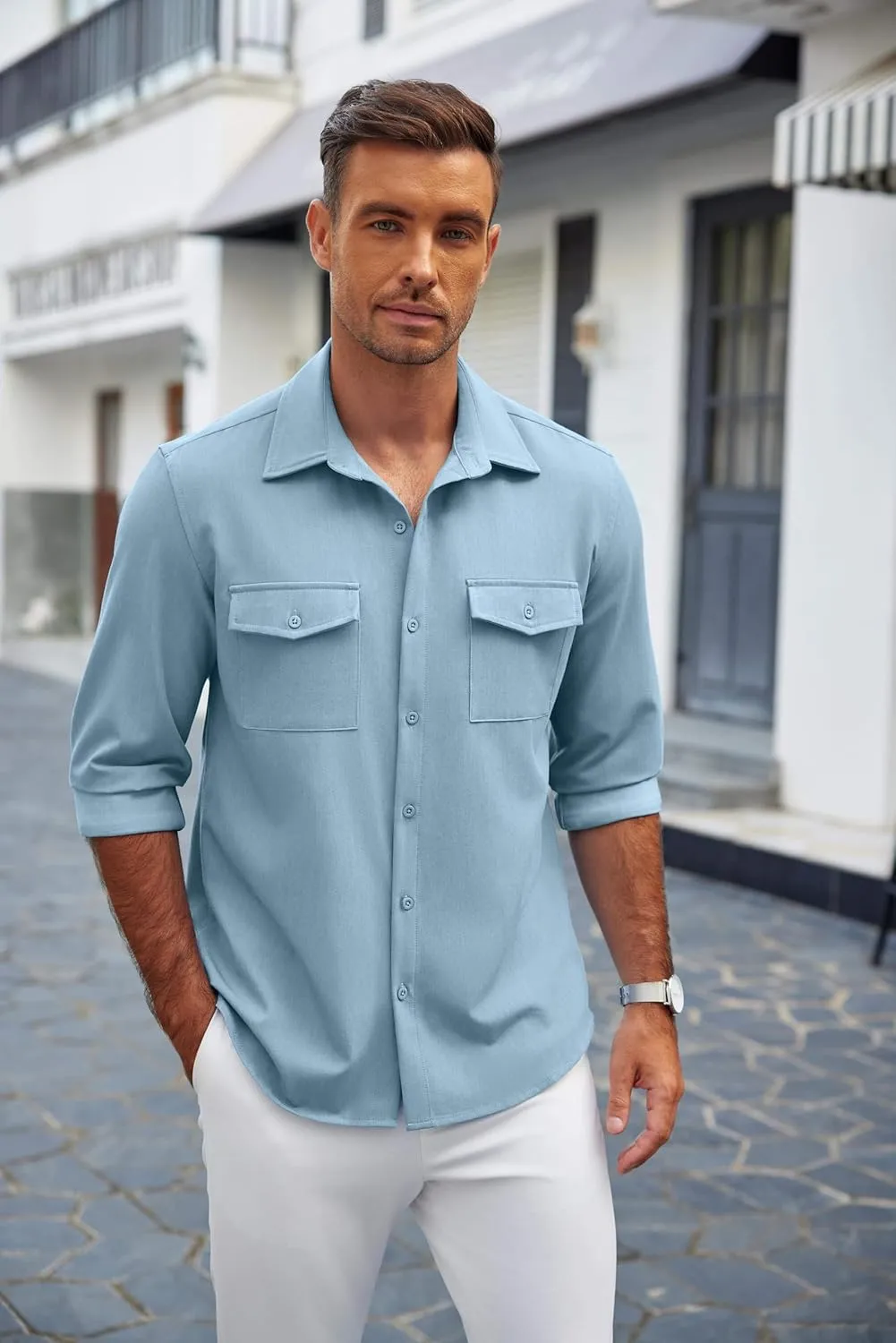 COOFANDY Men's Casual Button Down Shirt Long Sleeve Untucked Shirt Stretch Denim Dress Shirt with Pockets