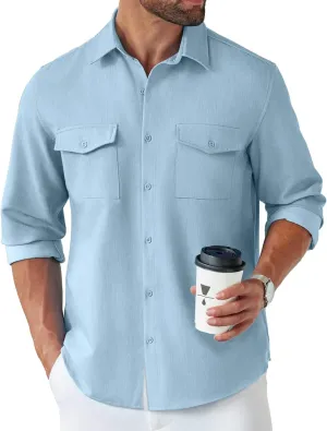 COOFANDY Men's Casual Button Down Shirt Long Sleeve Untucked Shirt Stretch Denim Dress Shirt with Pockets