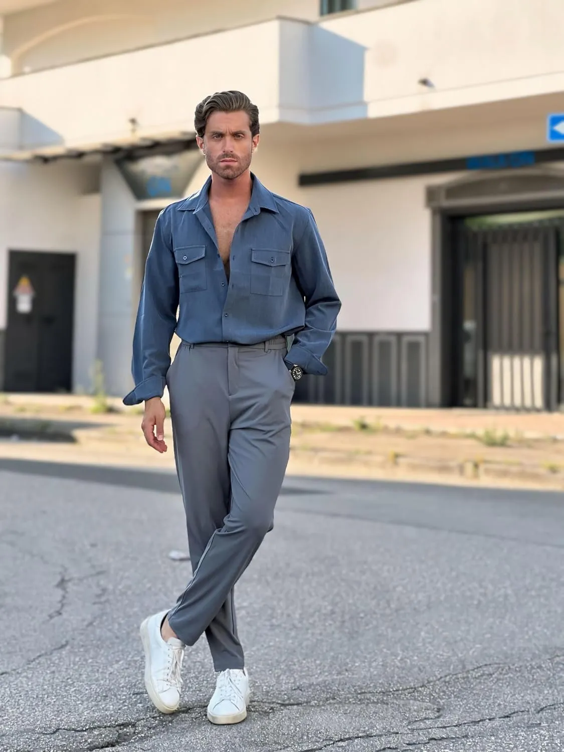 COOFANDY Men's Casual Button Down Shirt Long Sleeve Untucked Shirt Stretch Denim Dress Shirt with Pockets