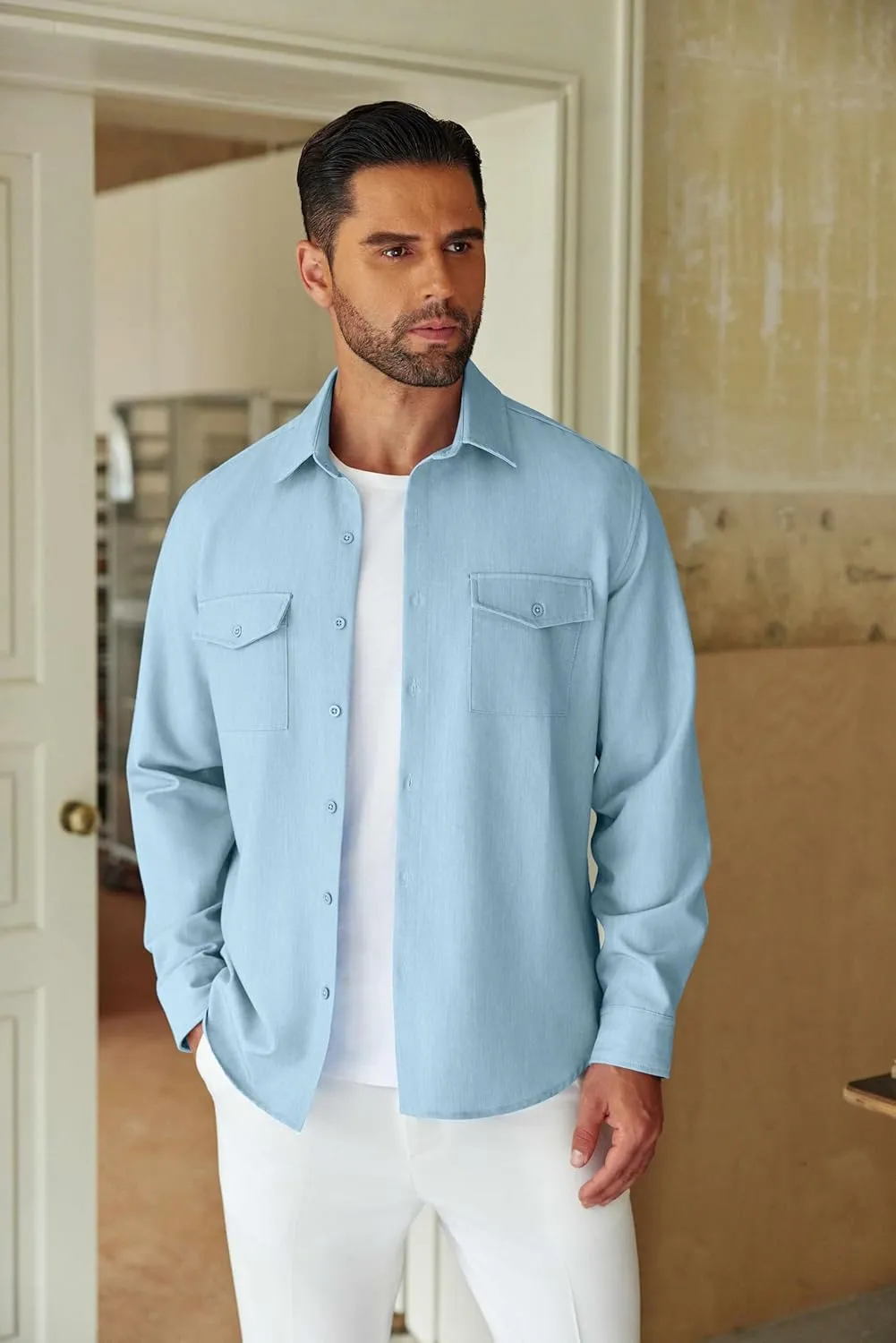 COOFANDY Men's Casual Button Down Shirt Long Sleeve Untucked Shirt Stretch Denim Dress Shirt with Pockets