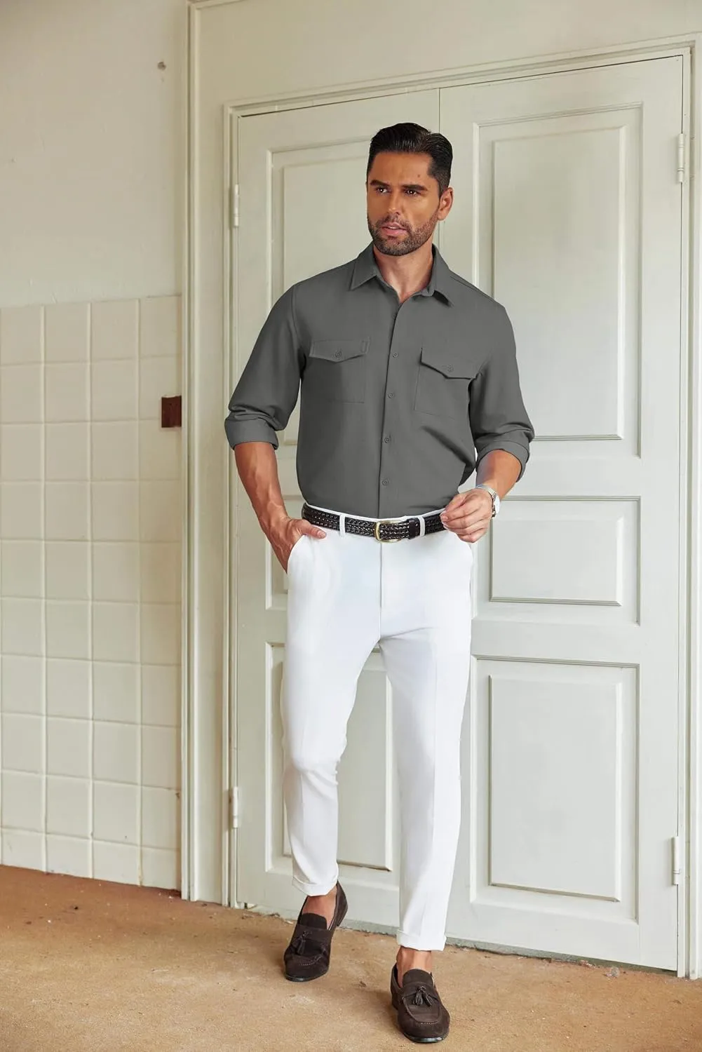 COOFANDY Men's Casual Button Down Shirt Long Sleeve Untucked Shirt Stretch Denim Dress Shirt with Pockets