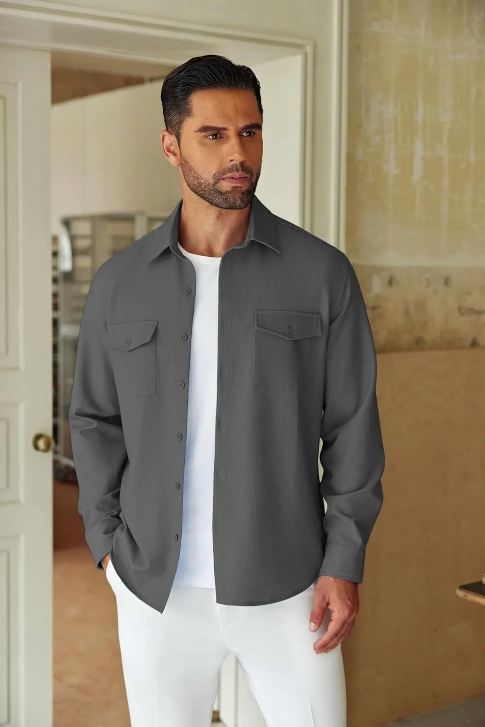 COOFANDY Men's Casual Button Down Shirt Long Sleeve Untucked Shirt Stretch Denim Dress Shirt with Pockets