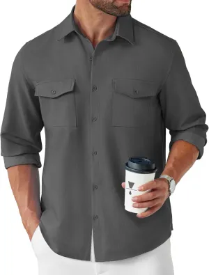COOFANDY Men's Casual Button Down Shirt Long Sleeve Untucked Shirt Stretch Denim Dress Shirt with Pockets