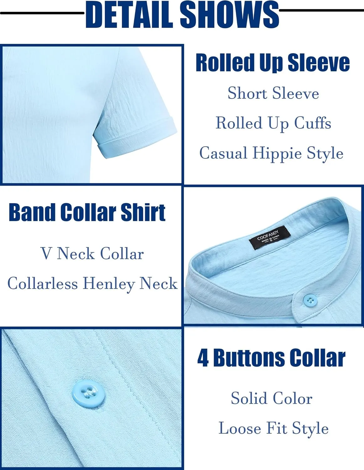 COOFANDY Men's Casual Henley Shirt Band Collar Short Sleeve Shirt Summer Beach Hippie Shirt