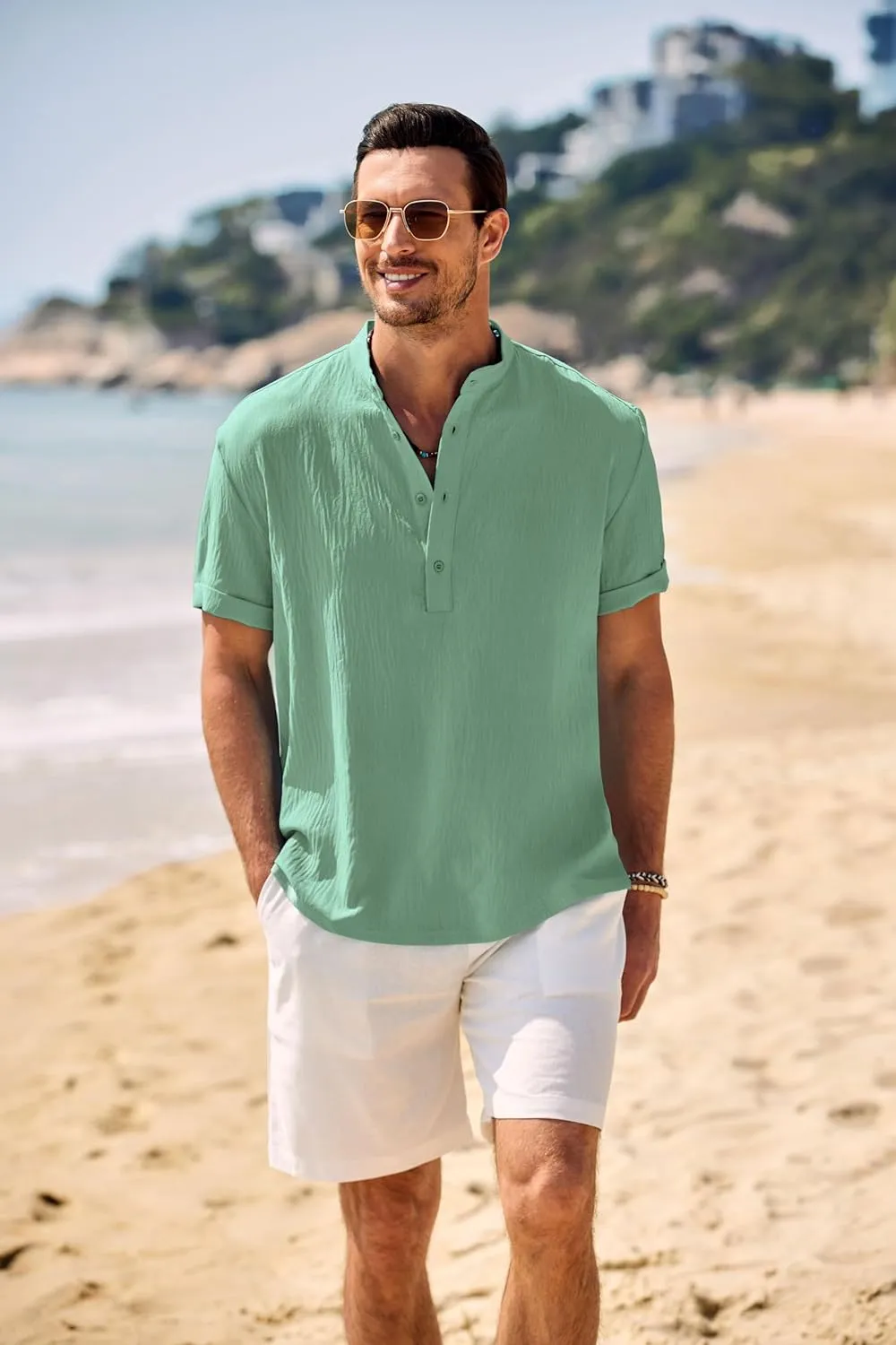 COOFANDY Men's Casual Henley Shirt Band Collar Short Sleeve Shirt Summer Beach Hippie Shirt
