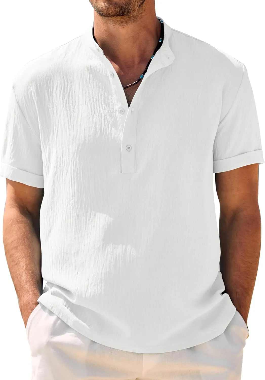 COOFANDY Men's Casual Henley Shirt Band Collar Short Sleeve Shirt Summer Beach Hippie Shirt