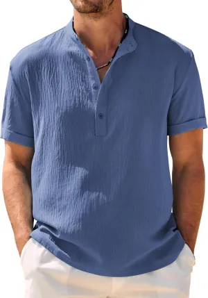 COOFANDY Men's Casual Henley Shirt Band Collar Short Sleeve Shirt Summer Beach Hippie Shirt