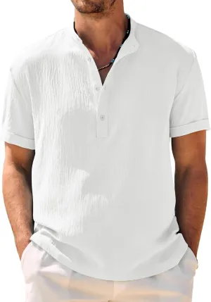 COOFANDY Men's Casual Henley Shirt Band Collar Short Sleeve Shirt Summer Beach Hippie Shirt