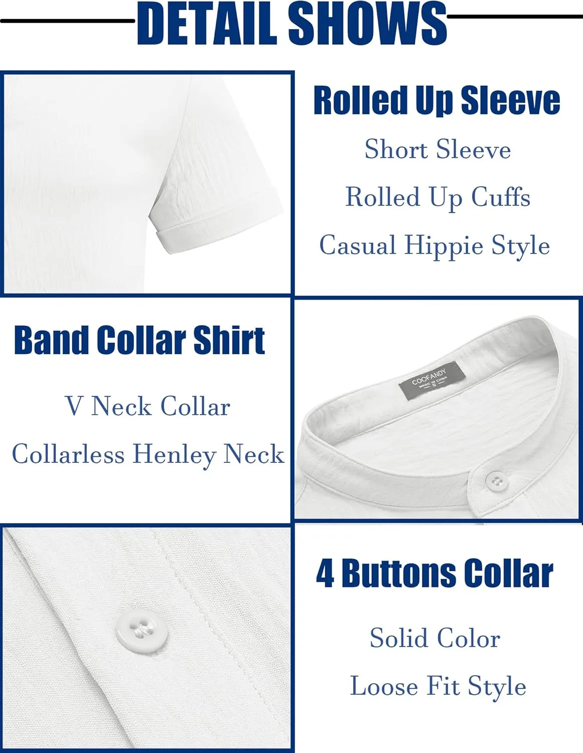 COOFANDY Men's Casual Henley Shirt Band Collar Short Sleeve Shirt Summer Beach Hippie Shirt
