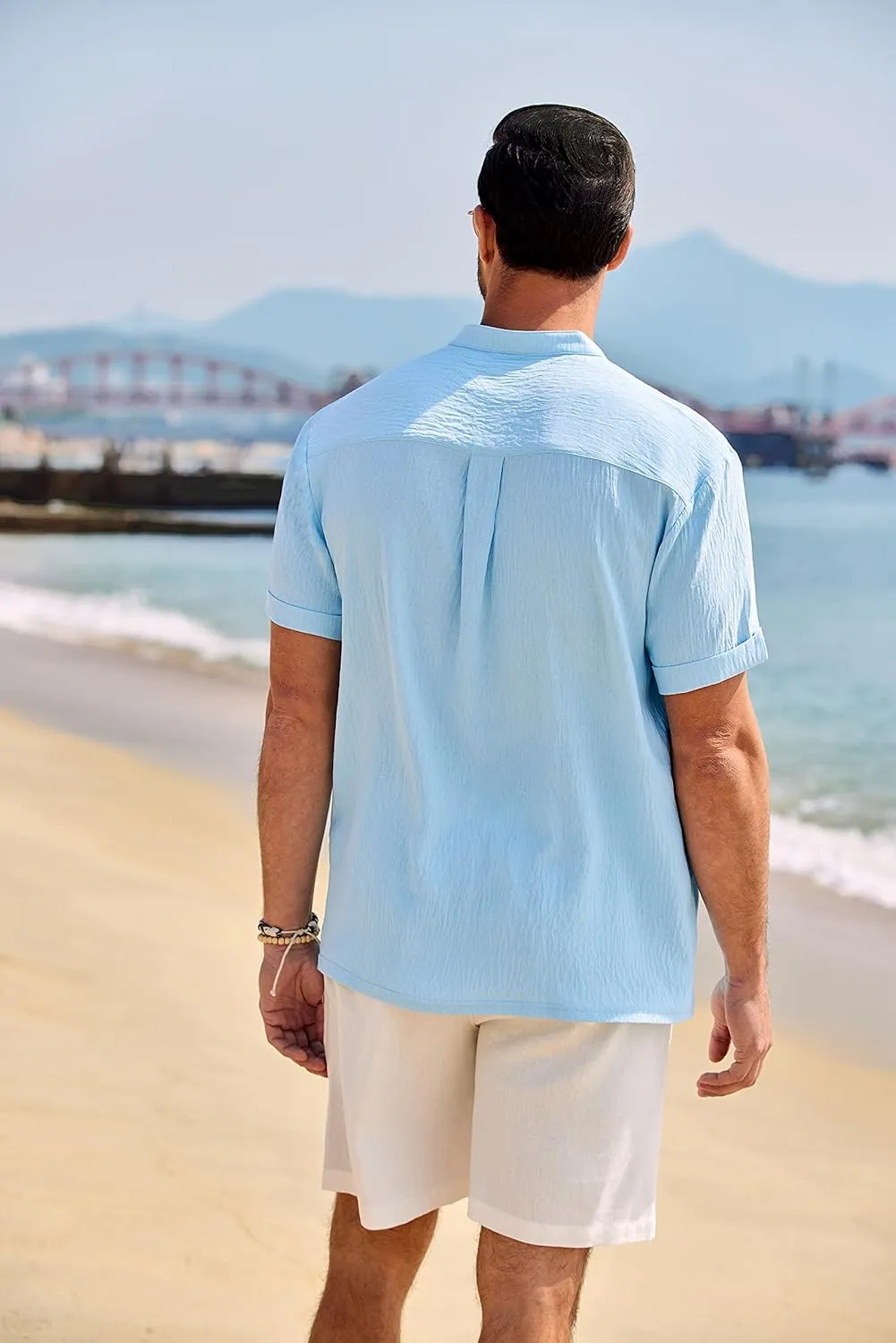 COOFANDY Men's Casual Henley Shirt Band Collar Short Sleeve Shirt Summer Beach Hippie Shirt
