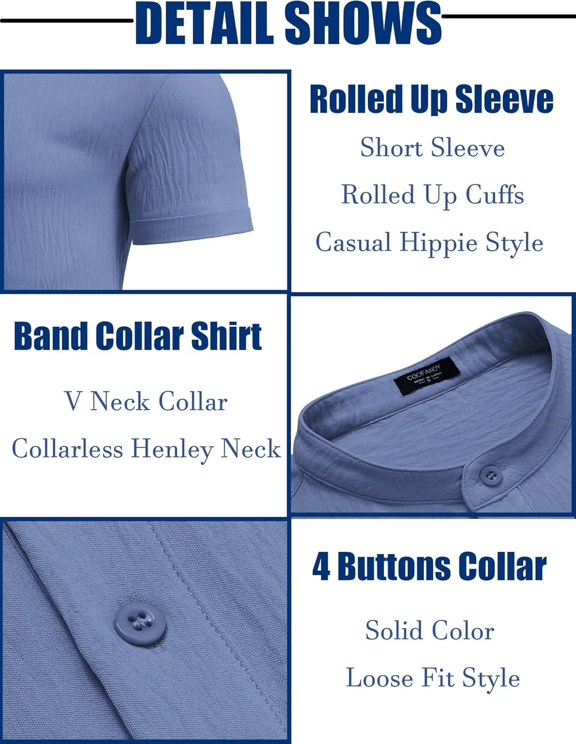 COOFANDY Men's Casual Henley Shirt Band Collar Short Sleeve Shirt Summer Beach Hippie Shirt