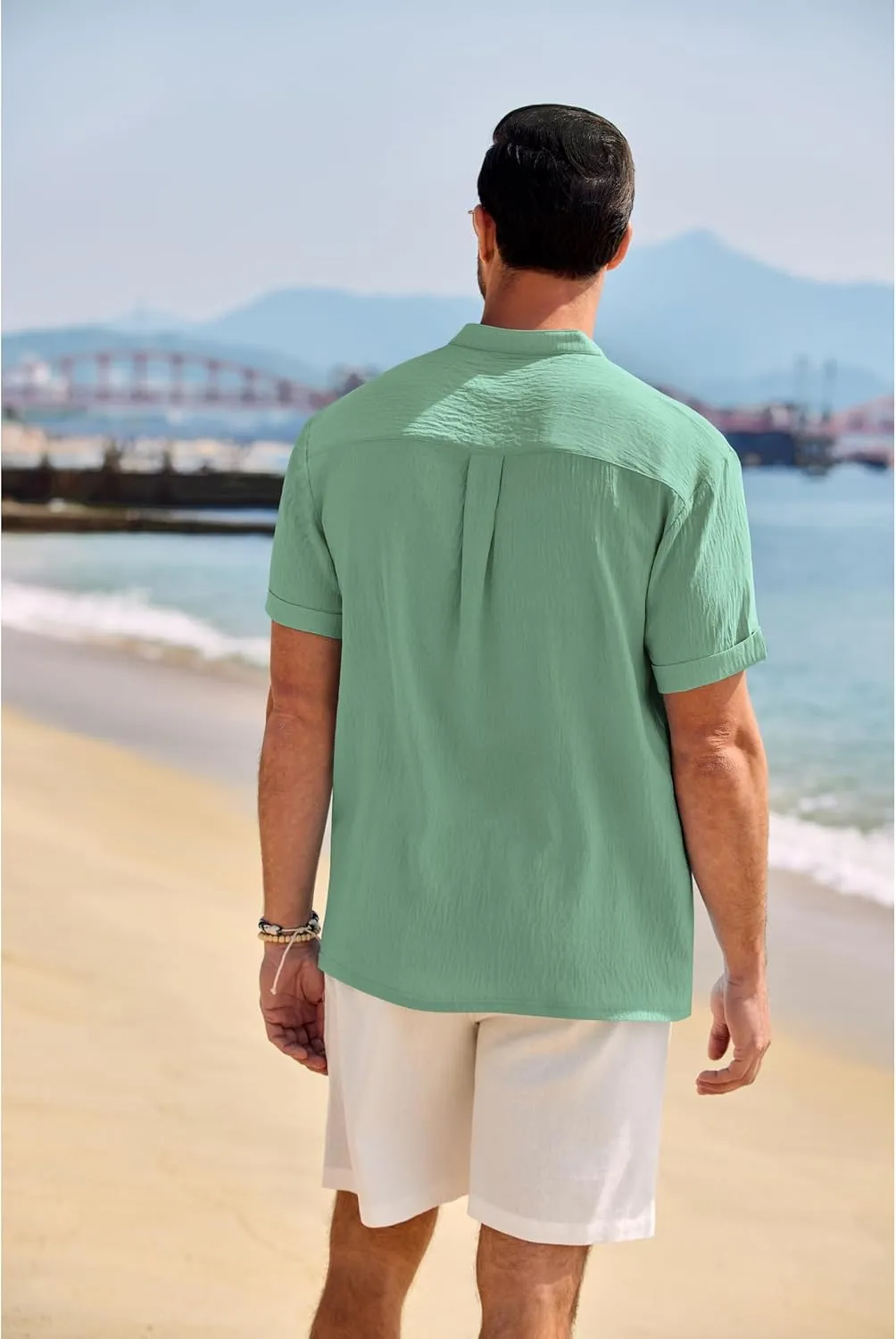 COOFANDY Men's Casual Henley Shirt Band Collar Short Sleeve Shirt Summer Beach Hippie Shirt