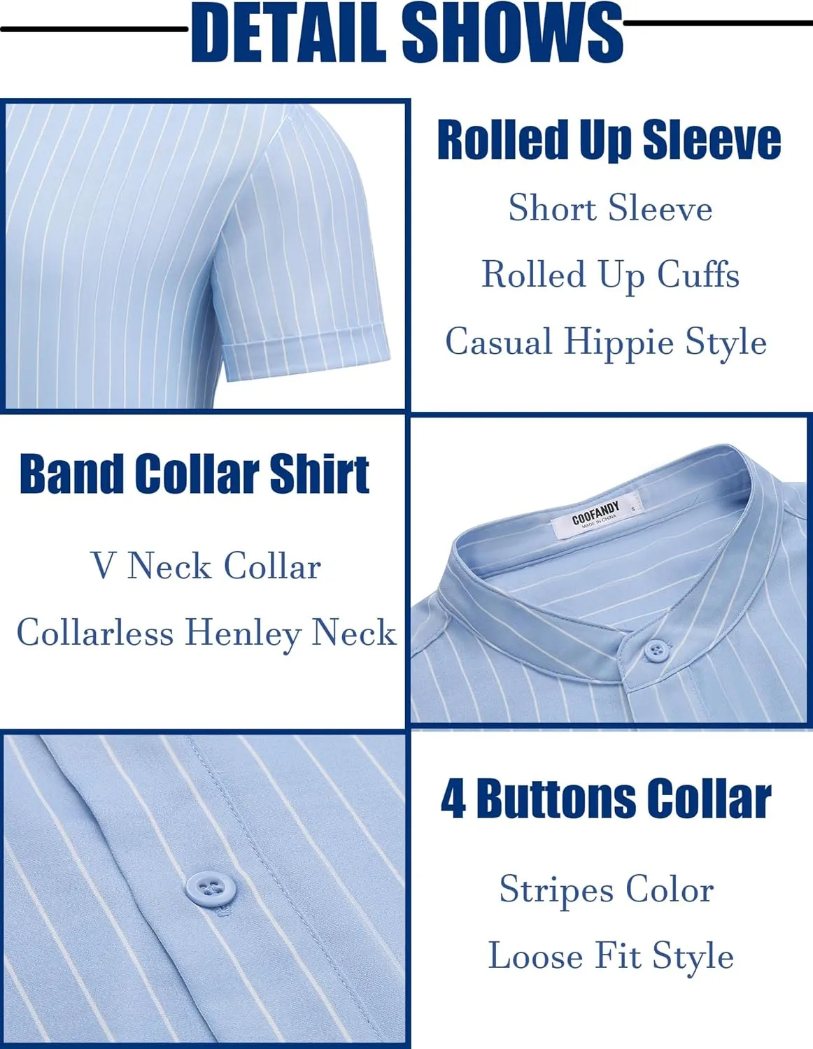 COOFANDY Men's Casual Henley Shirt Band Collar Short Sleeve Shirt Summer Beach Hippie Shirt