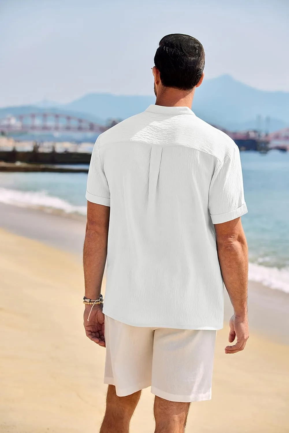 COOFANDY Men's Casual Henley Shirt Band Collar Short Sleeve Shirt Summer Beach Hippie Shirt