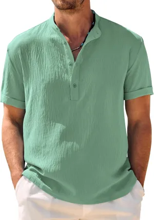 COOFANDY Men's Casual Henley Shirt Band Collar Short Sleeve Shirt Summer Beach Hippie Shirt