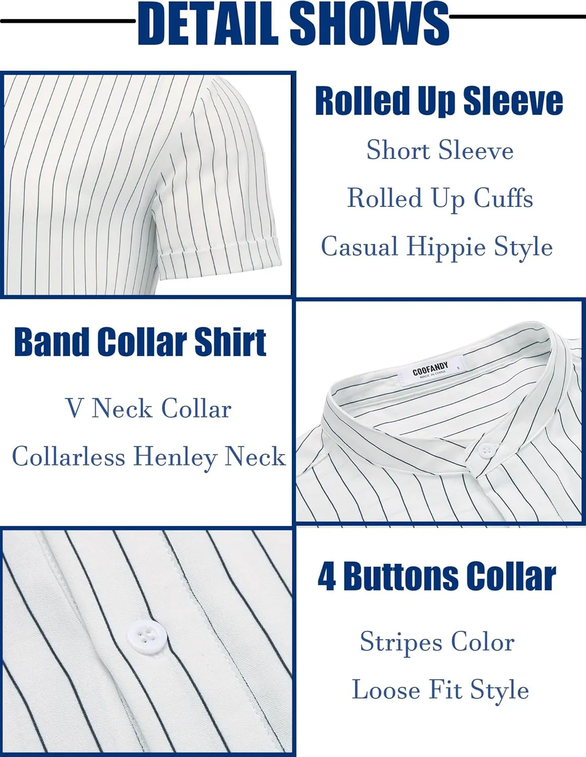 COOFANDY Men's Casual Henley Shirt Band Collar Short Sleeve Shirt Summer Beach Hippie Shirt