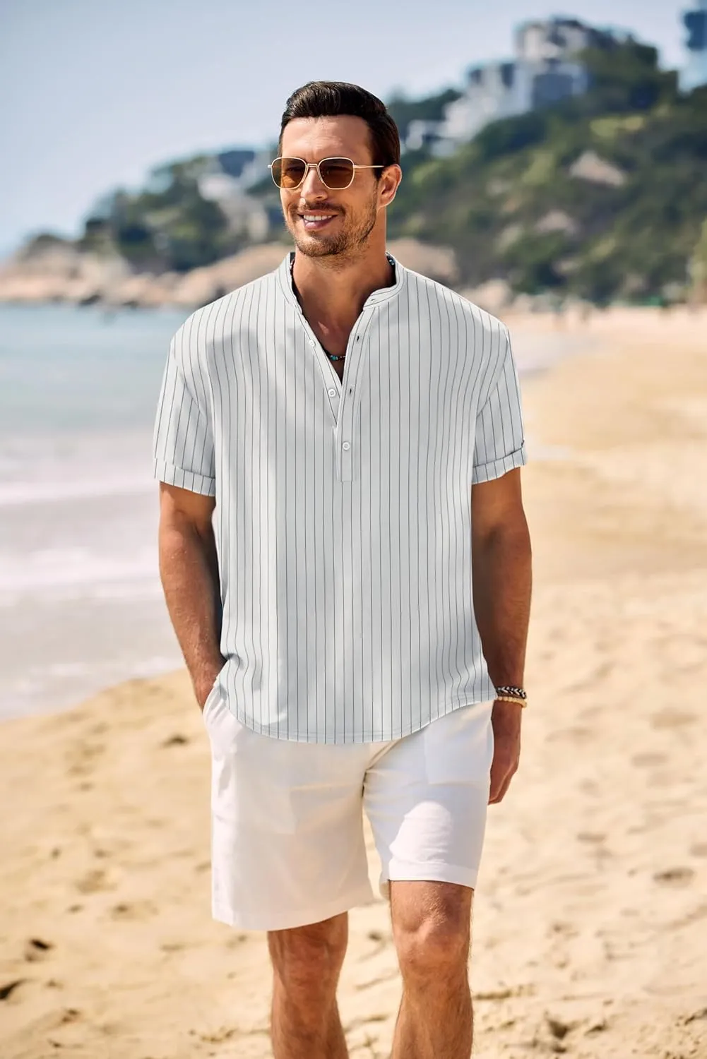 COOFANDY Men's Casual Henley Shirt Band Collar Short Sleeve Shirt Summer Beach Hippie Shirt