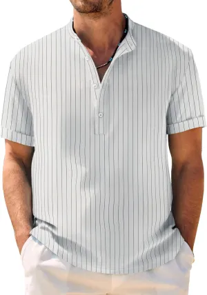 COOFANDY Men's Casual Henley Shirt Band Collar Short Sleeve Shirt Summer Beach Hippie Shirt
