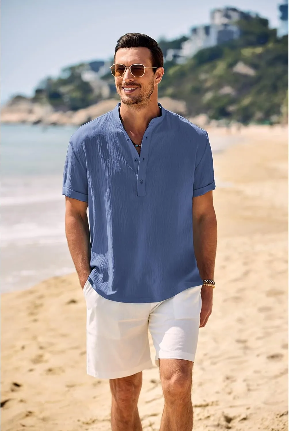 COOFANDY Men's Casual Henley Shirt Band Collar Short Sleeve Shirt Summer Beach Hippie Shirt