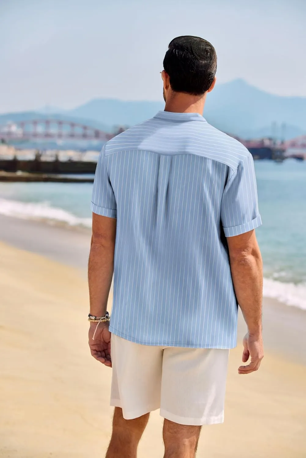 COOFANDY Men's Casual Henley Shirt Band Collar Short Sleeve Shirt Summer Beach Hippie Shirt