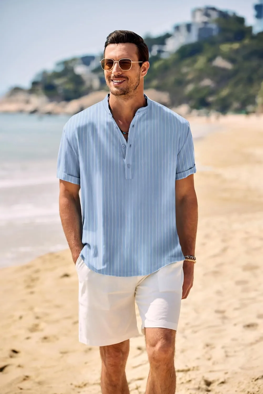 COOFANDY Men's Casual Henley Shirt Band Collar Short Sleeve Shirt Summer Beach Hippie Shirt