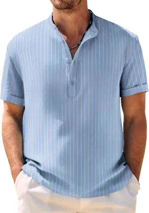 COOFANDY Men's Casual Henley Shirt Band Collar Short Sleeve Shirt Summer Beach Hippie Shirt