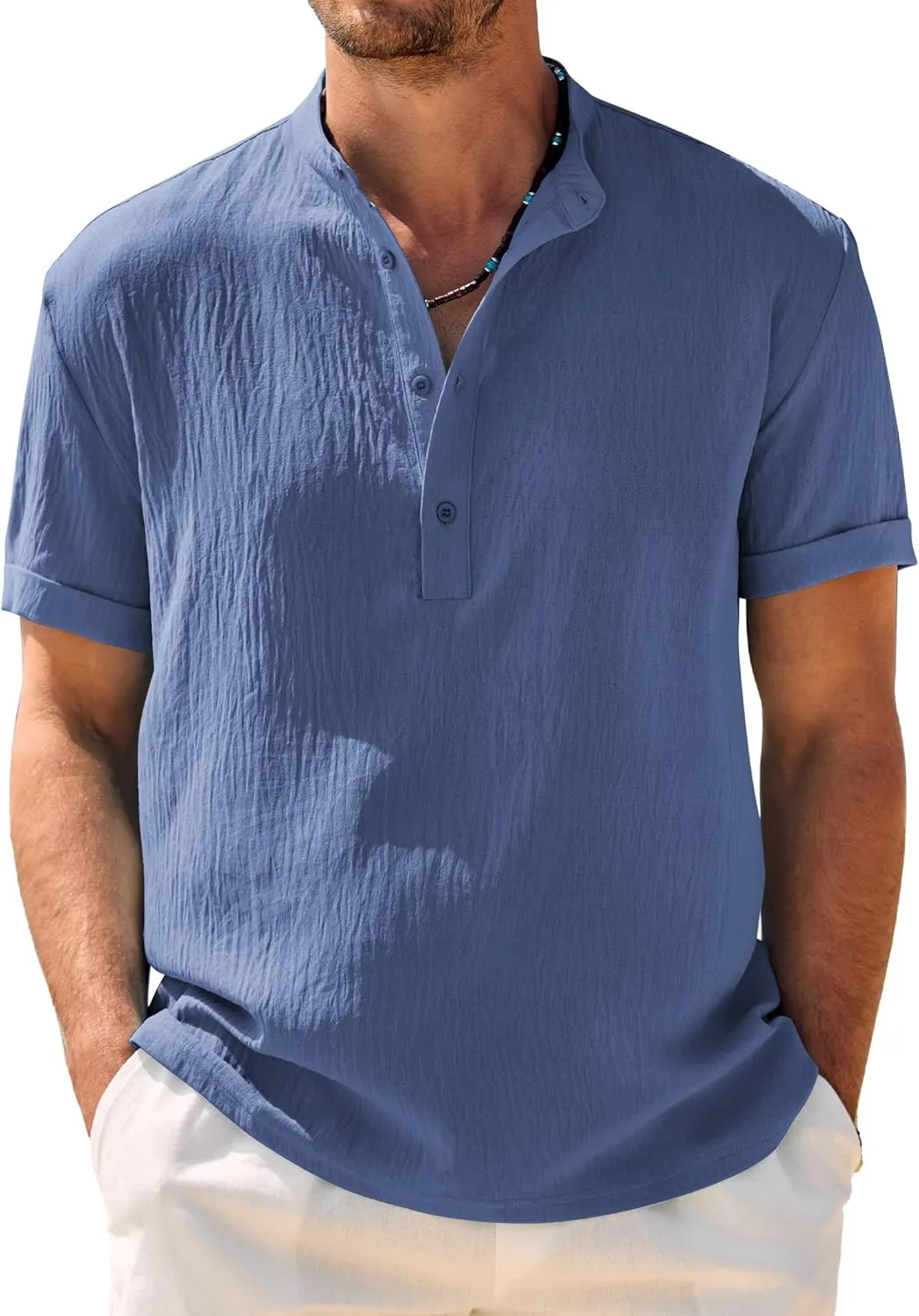 COOFANDY Men's Casual Henley Shirt Band Collar Short Sleeve Shirt Summer Beach Hippie Shirt