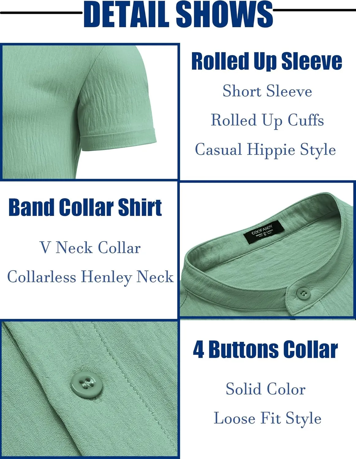 COOFANDY Men's Casual Henley Shirt Band Collar Short Sleeve Shirt Summer Beach Hippie Shirt