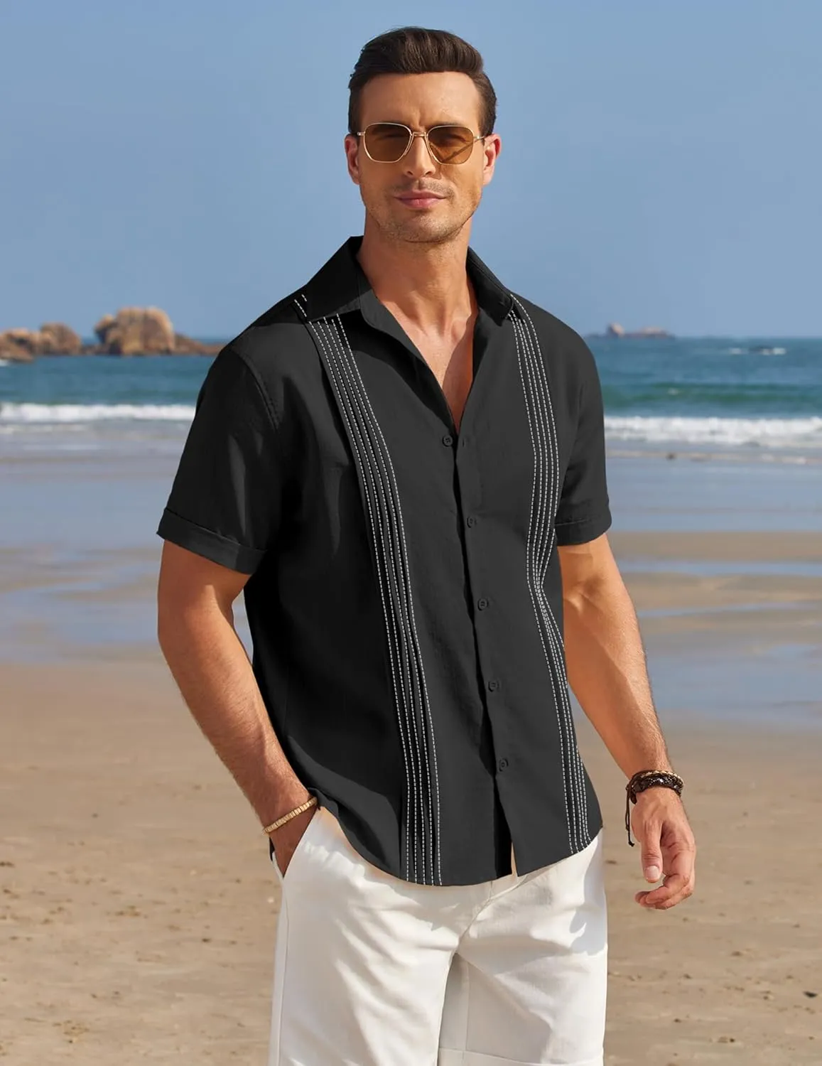 COOFANDY Men's Cuban Guayabera Shirt Casual Linen Shirt Short Sleeve Button Down Shirt