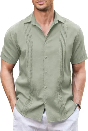COOFANDY Men's Cuban Guayabera Shirt Casual Linen Shirt Short Sleeve Button Down Shirt