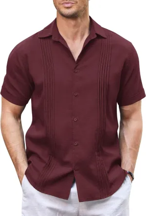 COOFANDY Men's Cuban Guayabera Shirt Casual Linen Shirt Short Sleeve Button Down Shirt