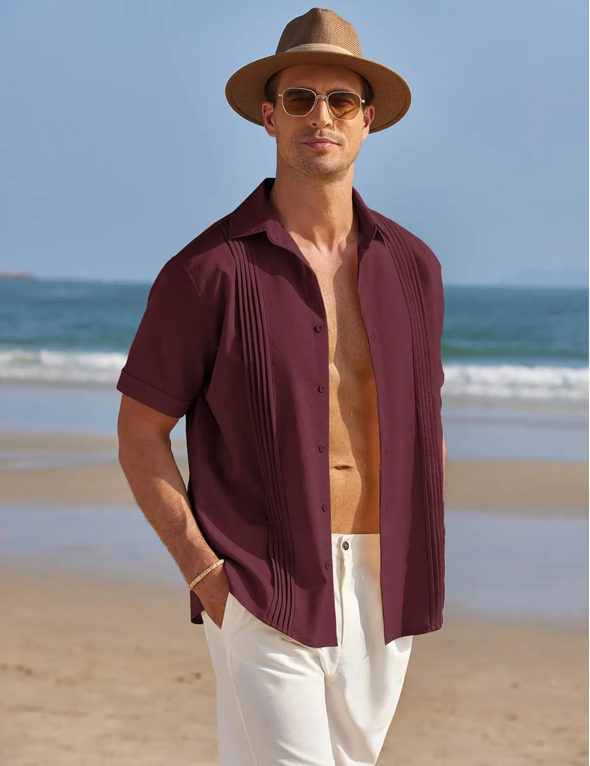 COOFANDY Men's Cuban Guayabera Shirt Casual Linen Shirt Short Sleeve Button Down Shirt