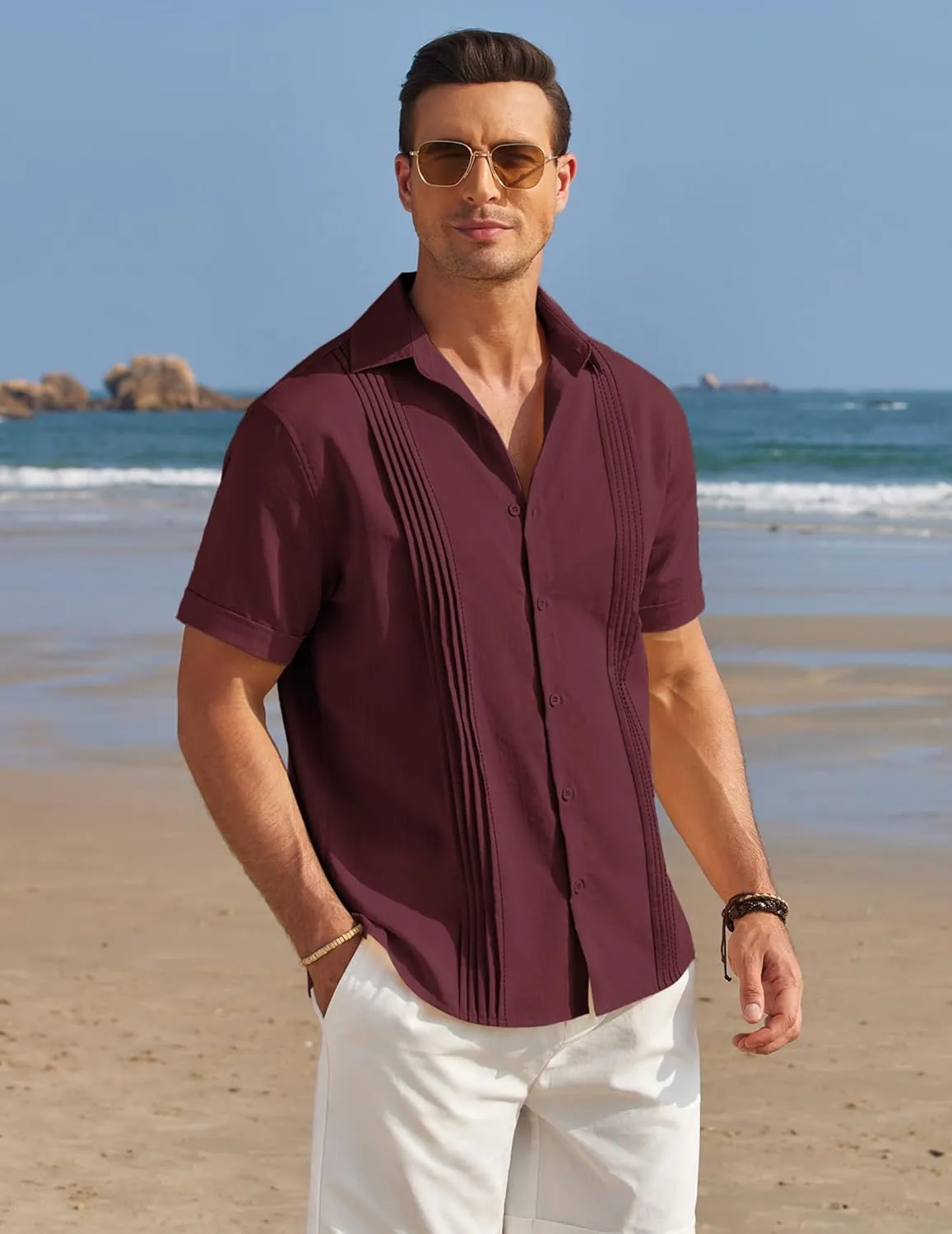 COOFANDY Men's Cuban Guayabera Shirt Casual Linen Shirt Short Sleeve Button Down Shirt