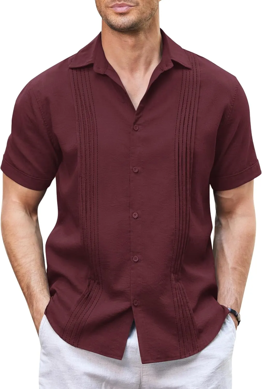 COOFANDY Men's Cuban Guayabera Shirt Casual Linen Shirt Short Sleeve Button Down Shirt