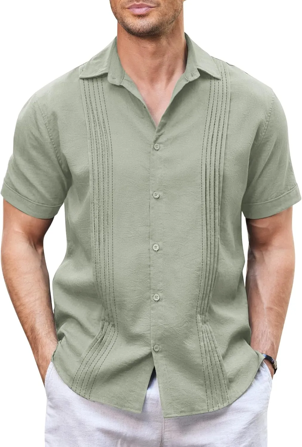 COOFANDY Men's Cuban Guayabera Shirt Casual Linen Shirt Short Sleeve Button Down Shirt