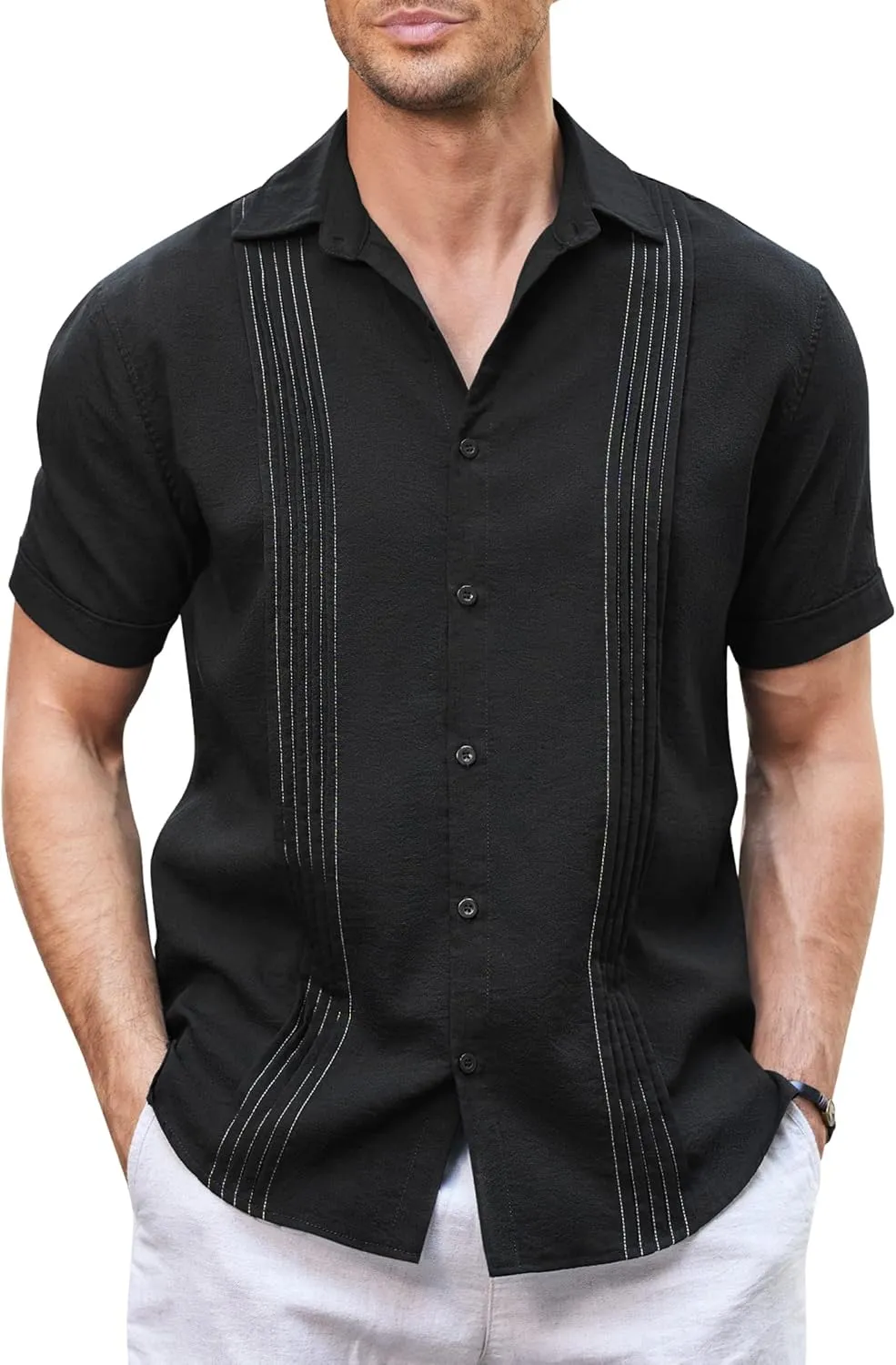 COOFANDY Men's Cuban Guayabera Shirt Casual Linen Shirt Short Sleeve Button Down Shirt