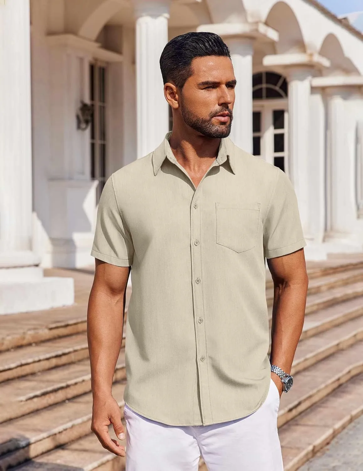 COOFANDY Men's Short Sleeve Button Down Shirt Casual Untucked Dress Shirt Stretch Denim Shirt