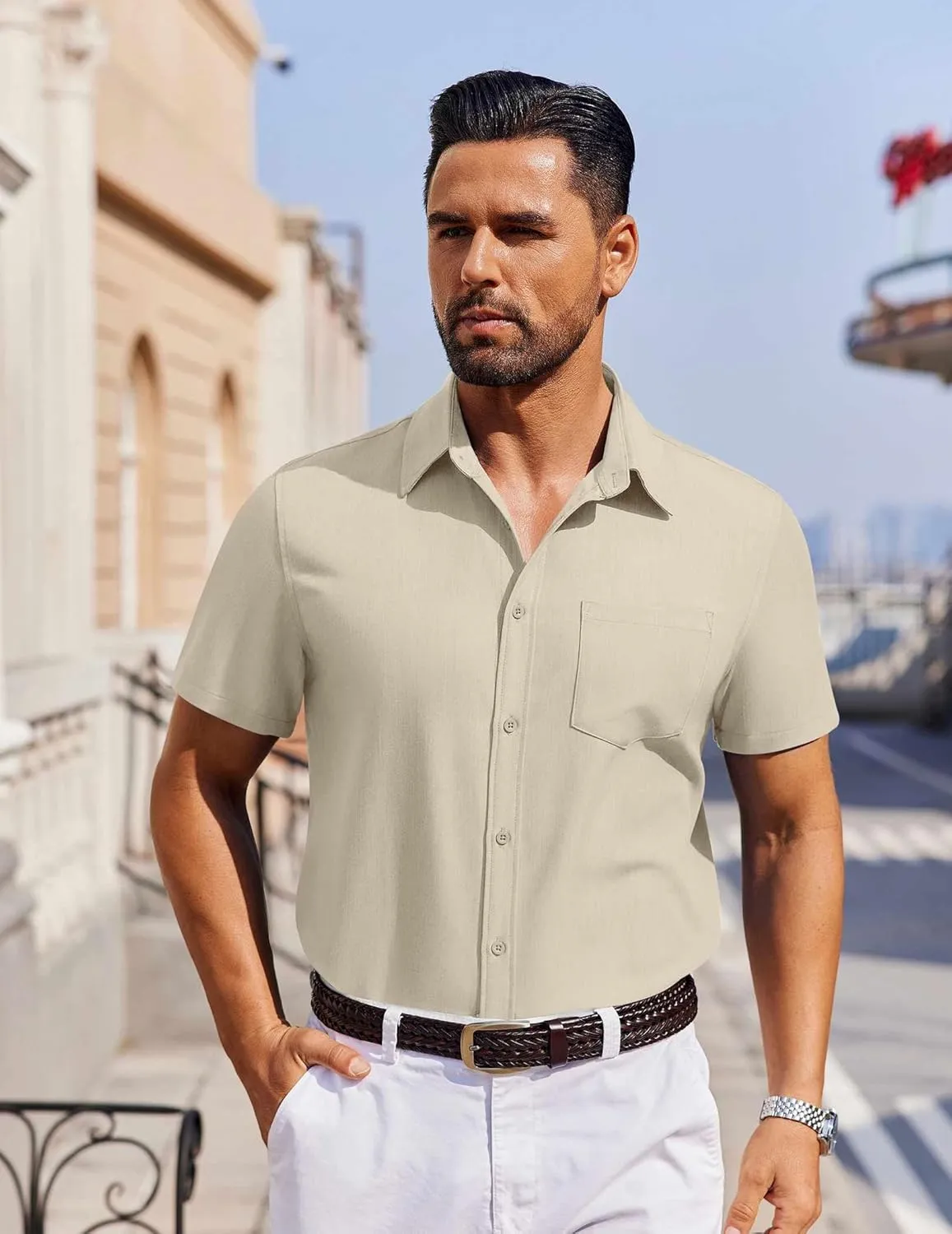COOFANDY Men's Short Sleeve Button Down Shirt Casual Untucked Dress Shirt Stretch Denim Shirt