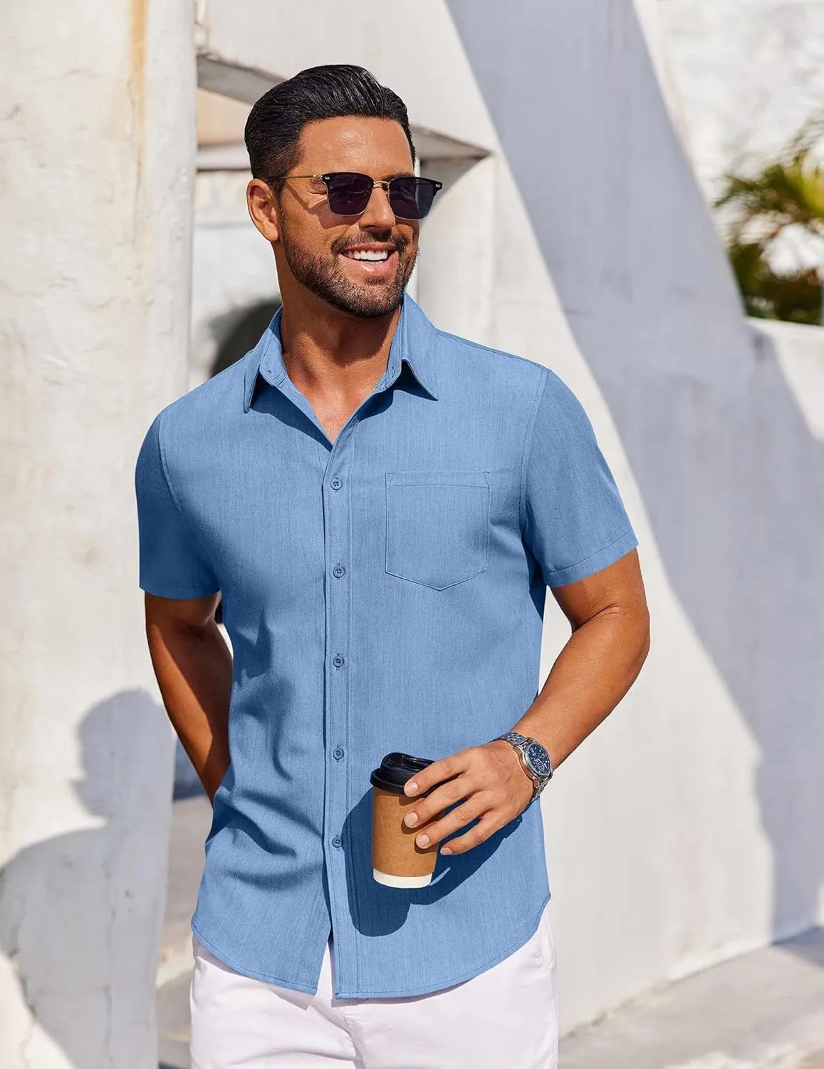 COOFANDY Men's Short Sleeve Button Down Shirt Casual Untucked Dress Shirt Stretch Denim Shirt