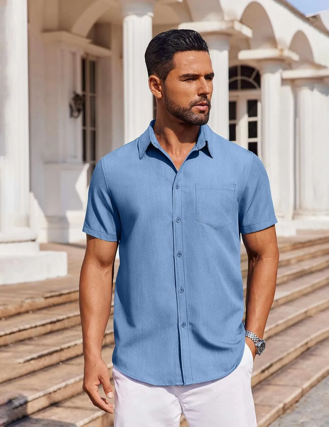 COOFANDY Men's Short Sleeve Button Down Shirt Casual Untucked Dress Shirt Stretch Denim Shirt
