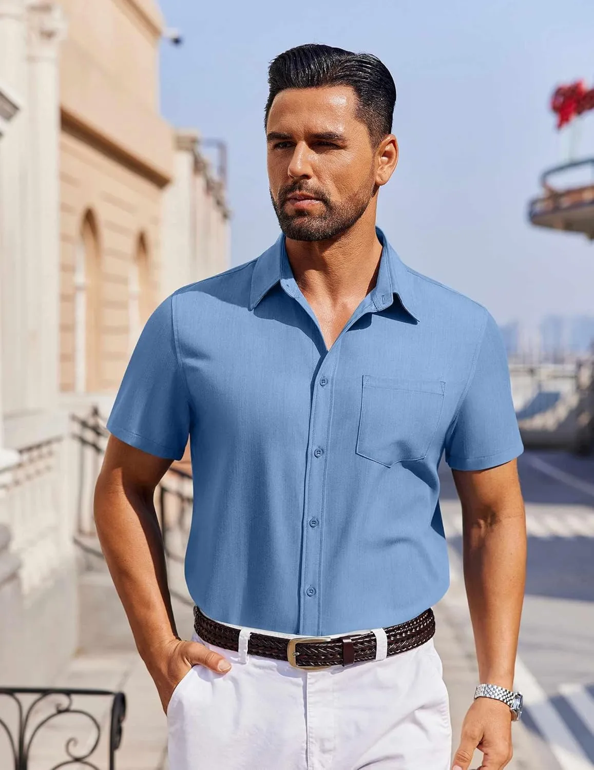 COOFANDY Men's Short Sleeve Button Down Shirt Casual Untucked Dress Shirt Stretch Denim Shirt