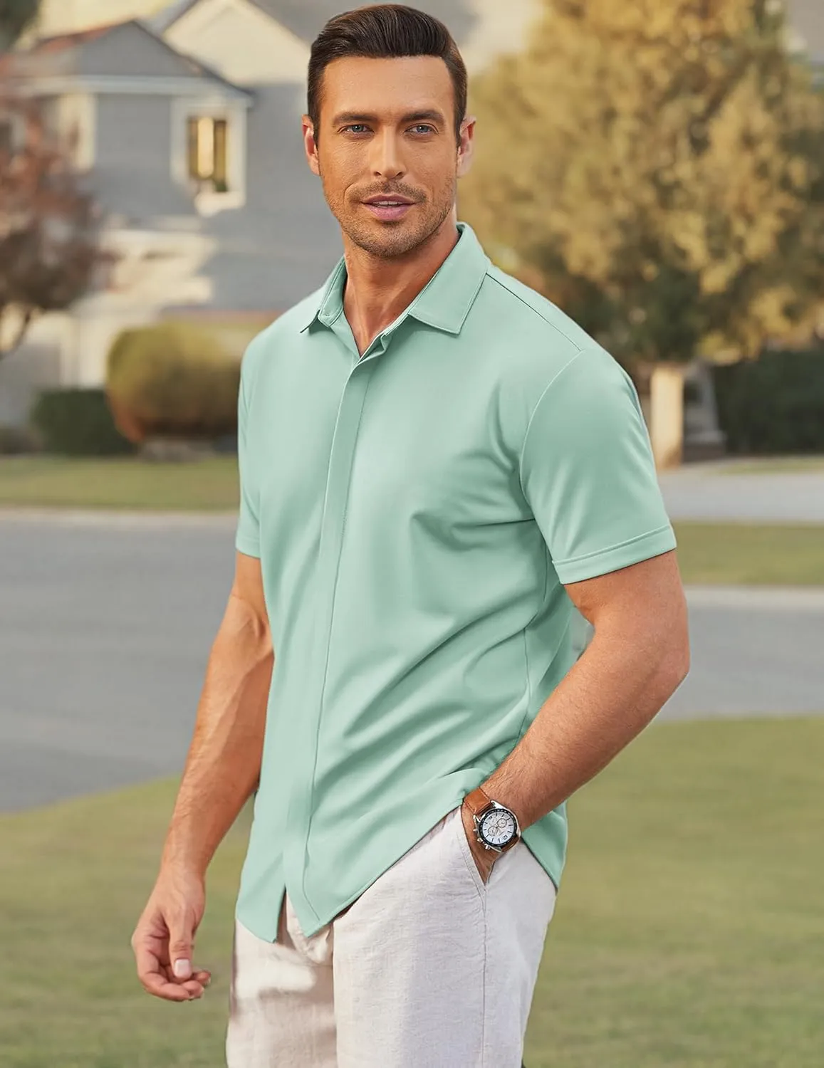 COOFANDY Mens Short Sleeve Wrinkle Free Shirt Casual Button Down Shirt Summer Dress Shirt