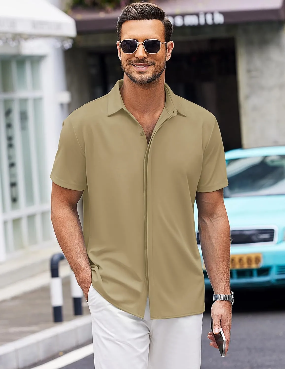 COOFANDY Mens Short Sleeve Wrinkle Free Shirt Casual Button Down Shirt Summer Dress Shirt