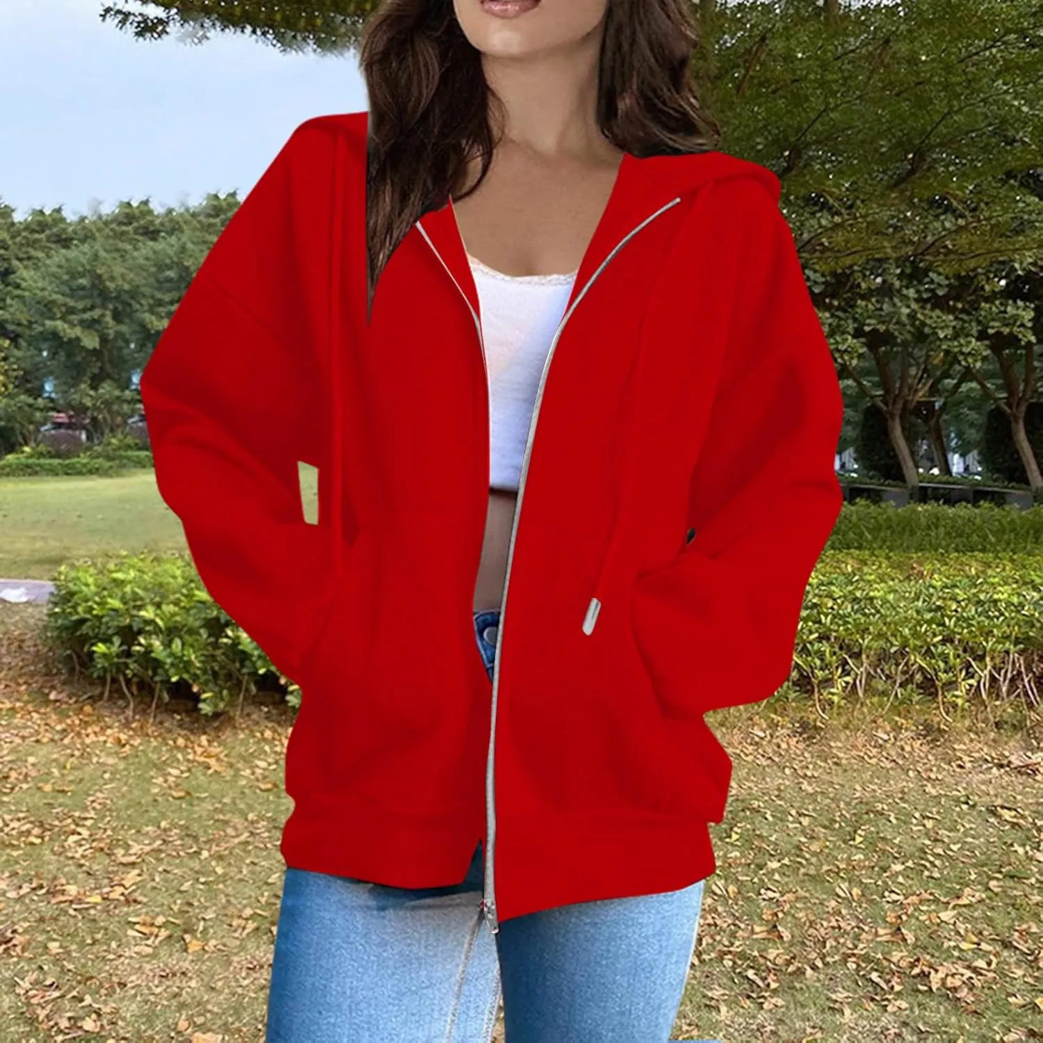 COTECRAM Women Zip Up Y2K Hoodie Fall Oversized Sweatshirts Casual Long Sleeve Drawstring Hooded Jacket 2024 Clothes