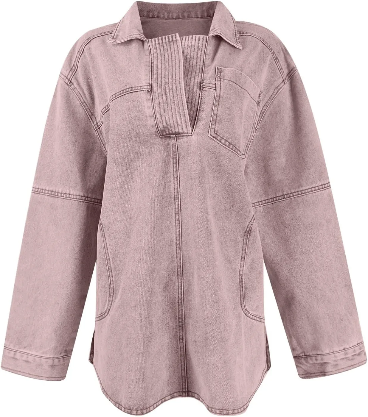 COTECRAM Womens Denim Tops Pullover Trendy Casual V Neck Loose Fit Long Sleeve oversized Jean Shirts Jacket with Pocket