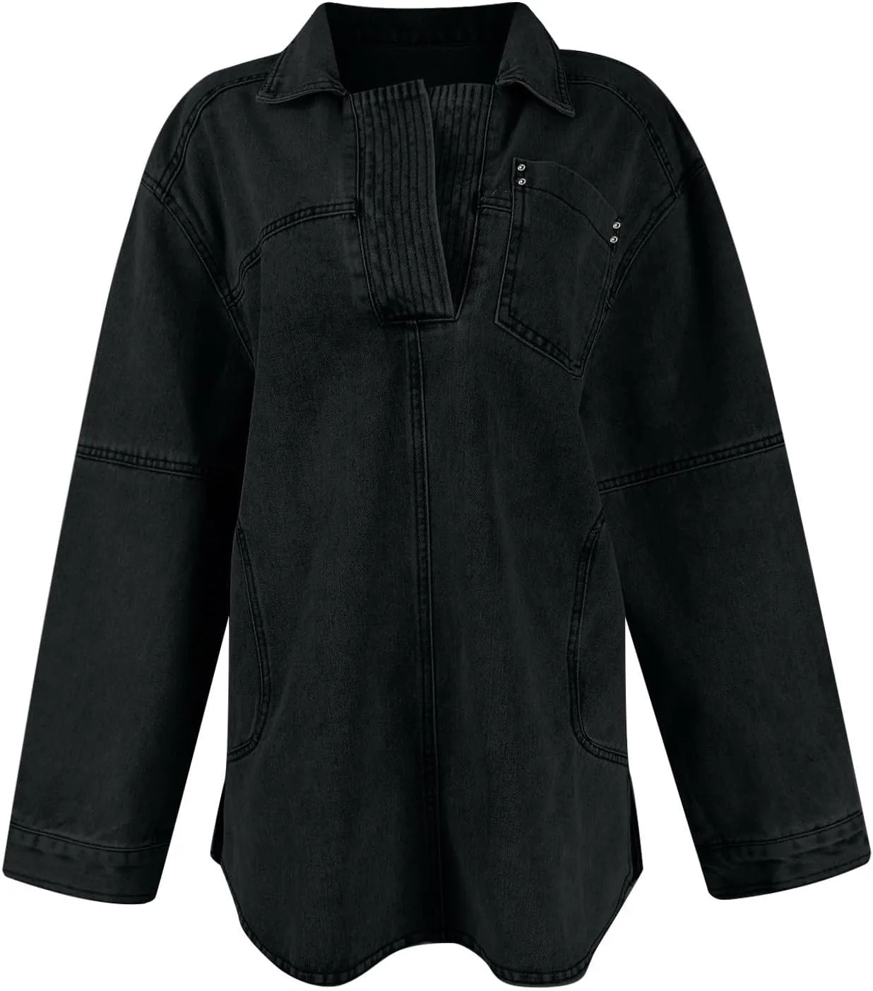 COTECRAM Womens Denim Tops Pullover Trendy Casual V Neck Loose Fit Long Sleeve oversized Jean Shirts Jacket with Pocket