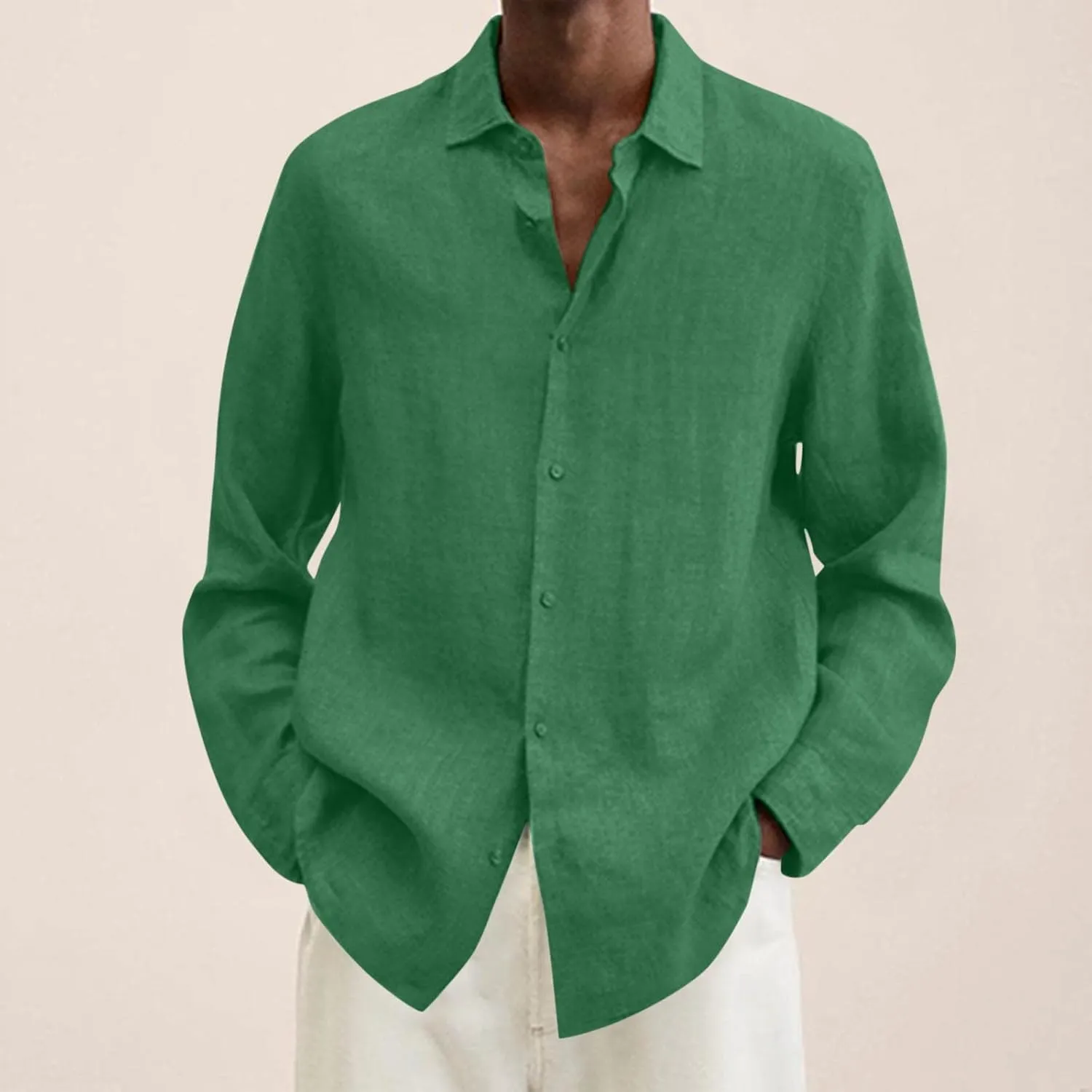 Cotton Linen Long Sleeve Button Down Shirts for Men Casual Solid Lapel Quick Dry Regular Fit Lightweight Breathable Tops