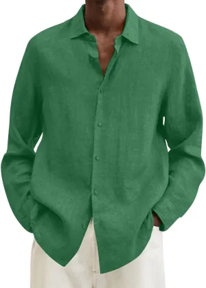 Cotton Linen Long Sleeve Button Down Shirts for Men Casual Solid Lapel Quick Dry Regular Fit Lightweight Breathable Tops